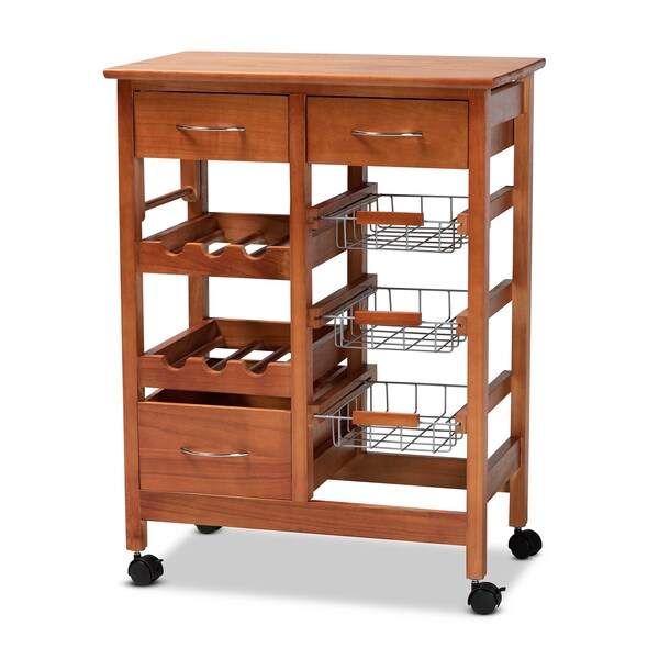 Baxton Studio Crayton ModernOak Brown Finished Wood and Silver-Tone Metal Mobile Kitchen Storage Cart - 196-12319-ZORO