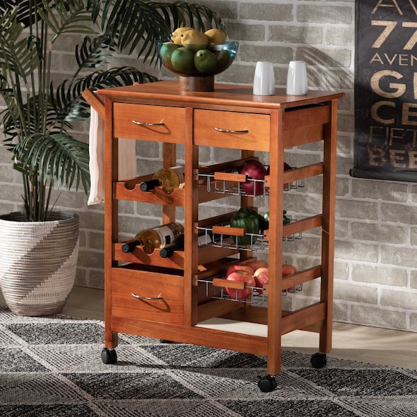 Baxton Studio Crayton ModernOak Brown Finished Wood and Silver-Tone Metal Mobile Kitchen Storage Cart - 196-12319-ZORO