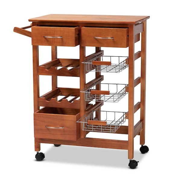 Baxton Studio Crayton ModernOak Brown Finished Wood and Silver-Tone Metal Mobile Kitchen Storage Cart - 196-12319-ZORO