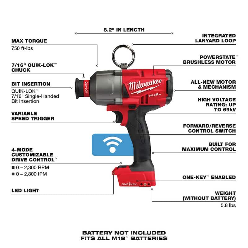 Llave de Impacto de Alto Torque Milwaukee M18 FUEL ONE-KEY 18V de Ion de Litio sin Escobillas Inalámbrica de 7/16 pulgadas (Herramienta Solamente) - 2865-20