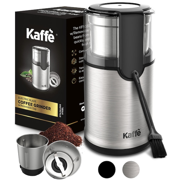 Kaffe Electric Coffee Grinder w/Removable Cup, 4.5oz (14-Cup) Cleaning Brush Incl., Stainless Steel - KF5020