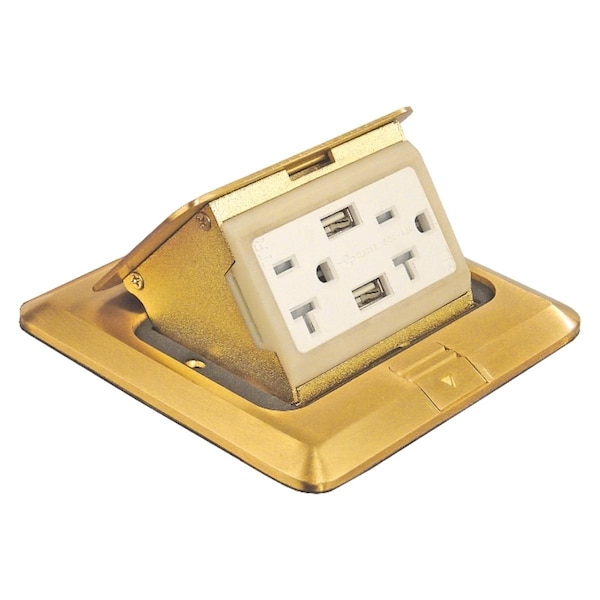 Southwire Pop Up Floor Box Kit, (2) USB ports & (2) 20 Amp receptacles, Brass - FBCVBR-U-KIT