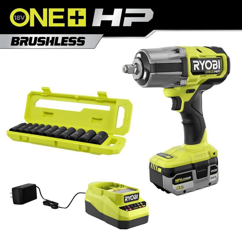 RYOBI ONE+ HP 18V Desatornillador de impacto inalámbrico sin escobillas de 1/2 pulgadas con alto torque de 4 modos kit con batería de 4.0, cargador y juego de llaves de vaso métricas - PBLIW01K1-RHMTIS31102