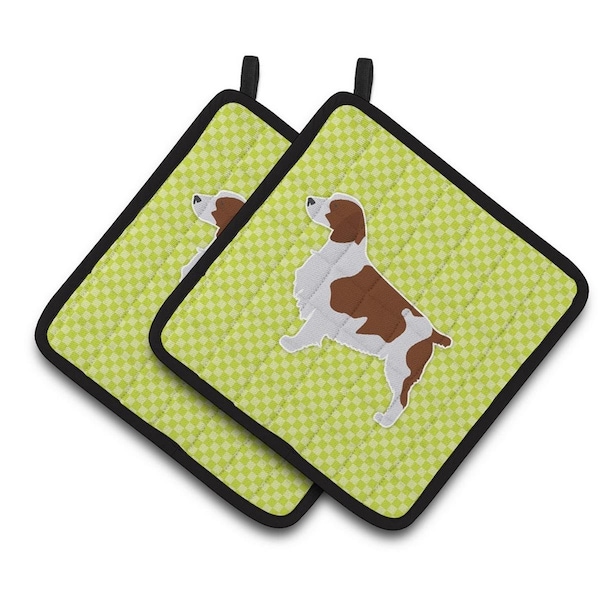Carolines Treasures Welsh Springer Spaniel Checkerboard Green Pair of Pot Holders - BB3800PTHD