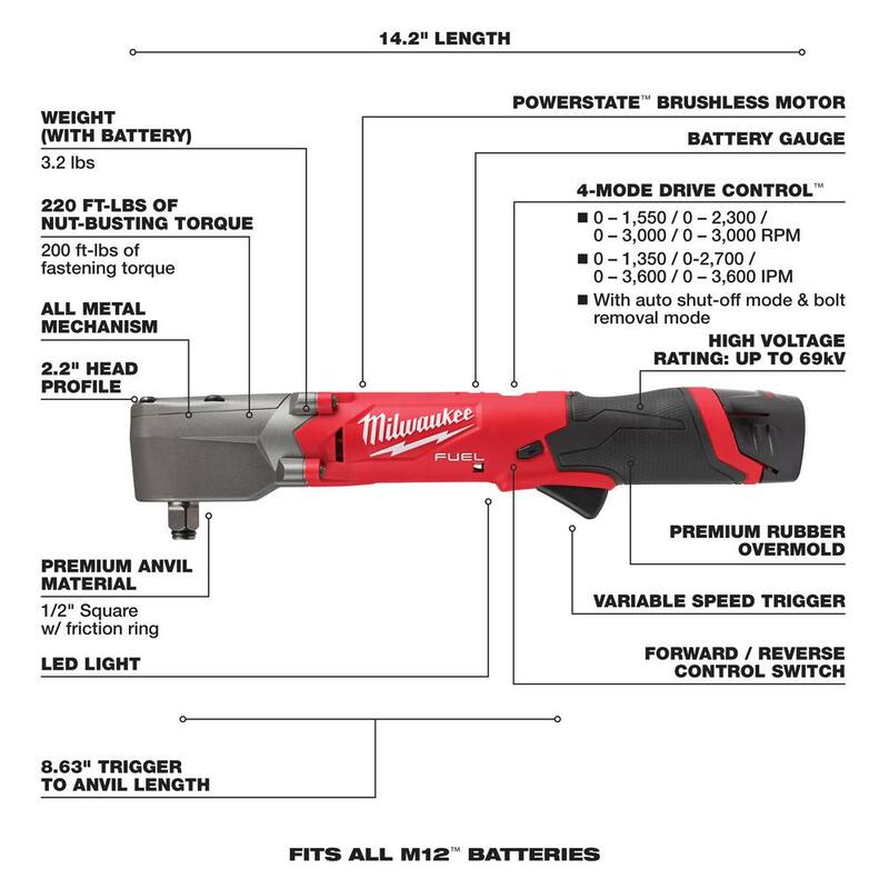 Milwaukee M12 FUEL 12V Llave de impacto inalámbrica de ángulo recto sin escobillas de 1/2 pulgadas con kit de dos baterías de 2.0 Ah - 2565-22
