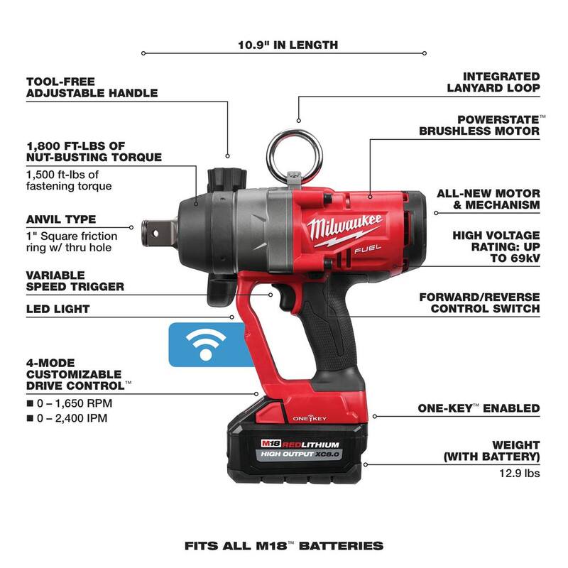 Llave de impacto inalámbrica sin escobillas Milwaukee M18 FUEL ONE-KEY de 18V con anillo de fricción y dos baterías de 8.0 Ah - 2867-22
