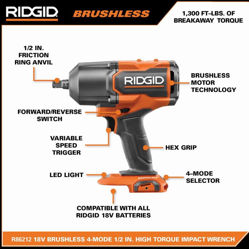 Llave de impacto inalámbrica sin escobillas RIDGID de 18V, 4 modos, 1/2 pulgadas, con alto torque, kit con (2) baterías de iones de litio de 4.0 Ah y cargador - R86212KSB
