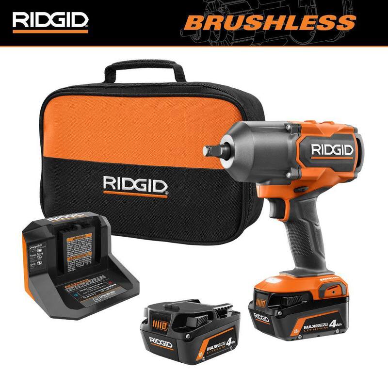 Llave de impacto inalámbrica sin escobillas RIDGID de 18V, 4 modos, 1/2 pulgadas, con alto torque, kit con (2) baterías de iones de litio de 4.0 Ah y cargador - R86212KSB