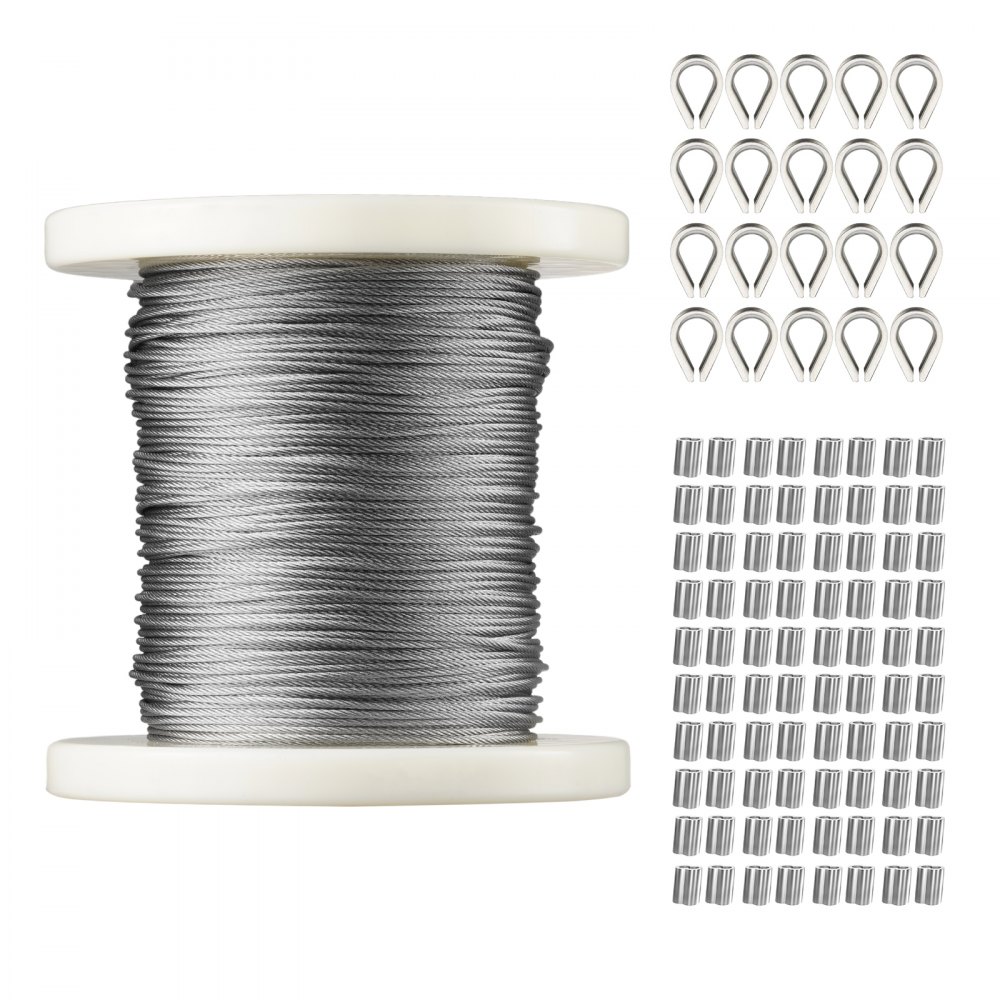 VEVOR 1/16 Wire Rope Kit, 304 Stainless Steel Cable with 80 Sleeves and 20 Thimbles, 7x7 Strands Construction Marine Aircraft Grade for Handrail Decking Garden Fence Clothes Line - GSS304BXG328NB9FNV0