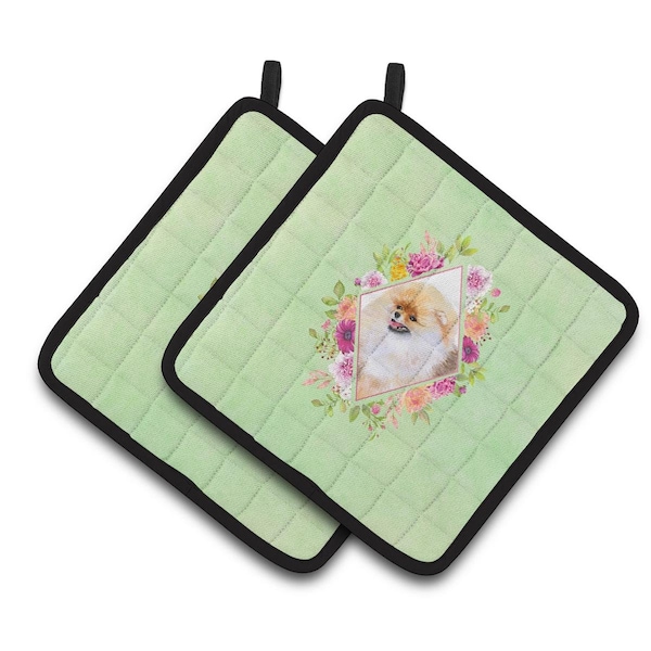 Carolines Treasures 7.5 x 7.5 in. Pomeranian No.2 Green Flowers Pair of Pot Holders - CK4330PTHD