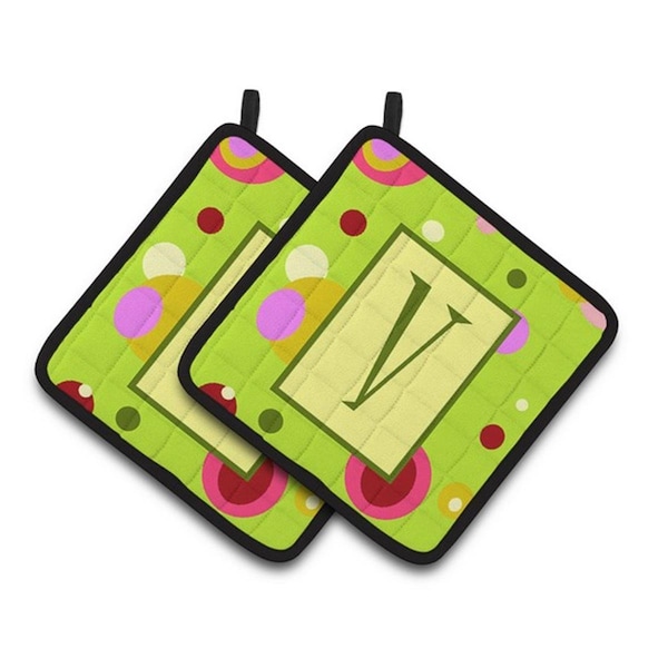 Carolines Treasures Letter V Monogram - Lime Green Pair of Pot Holders, 7.5 x 3 x 7.5 in. - CJ1010-VPTHD