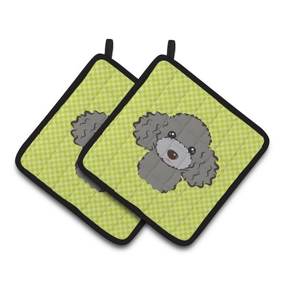 Carolines Treasures Checkerboard Lime Green Silver Gray Poodle Pair of Pot Holders, 7.5 x 3 x 7.5 in. - BB1321PTHD