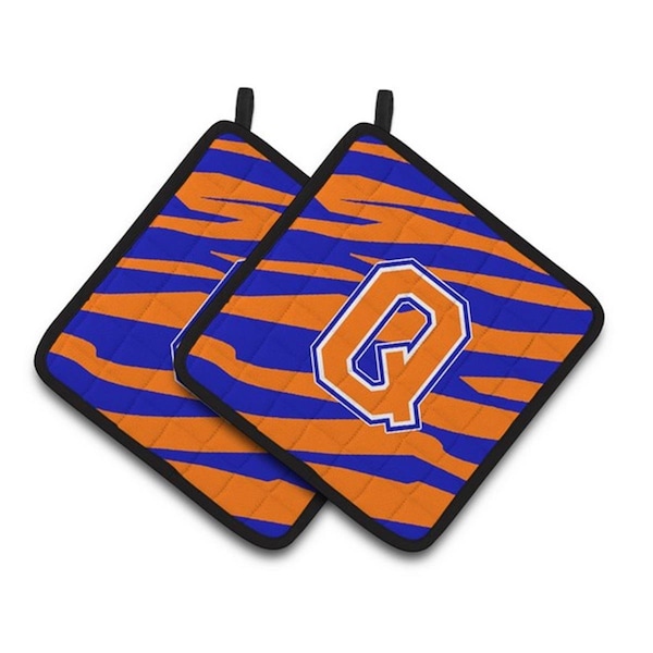 Carolines Treasures Monogram Initial Q Tiger Stripe - Blue Orange Pair of Pot Holders, 7.5 x 3 x 7.5 in. - CJ1023-QPTHD