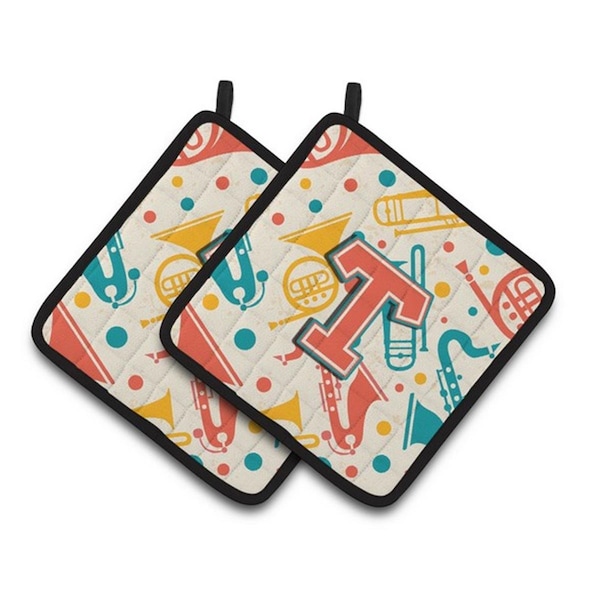 Carolines Treasures Letter T Retro Teal Orange Musical Instruments Initial Pair of Pot Holders, 7.5 x 3 x 7.5 in. - CJ2001-TPTHD