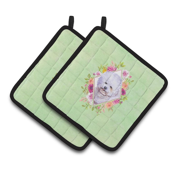 Carolines Treasures 7.5 x 7.5 in. Bichon Frise No.2 Green Flowers Pair of Pot Holders - CK4280PTHD