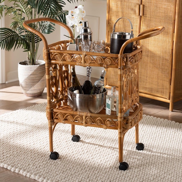 Bali & Pari Diwata Modern Bohemian Natural Brown Rattan Kitchen Cart - 242-13499-ZORO