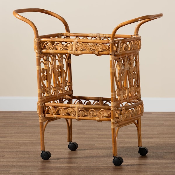 Bali & Pari Diwata Modern Bohemian Natural Brown Rattan Kitchen Cart - 242-13499-ZORO