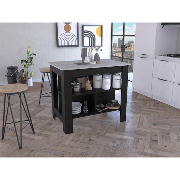 Homeroots Modern Kitchen Island with A Marble Counter Top, Black - 477868