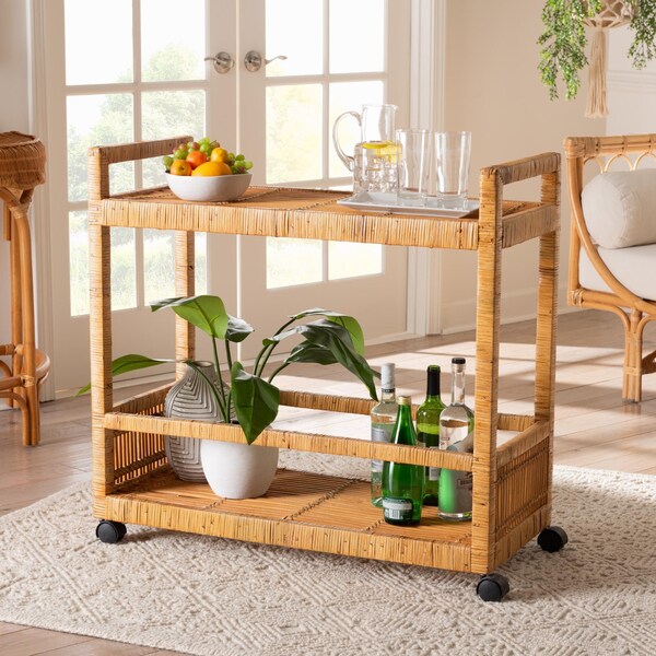 Bali & Pari Genet Modern Bohemian Natural Brown Rattan and Teak Wood 2-Tier Kitchen Cart - 241-13430-ZORO