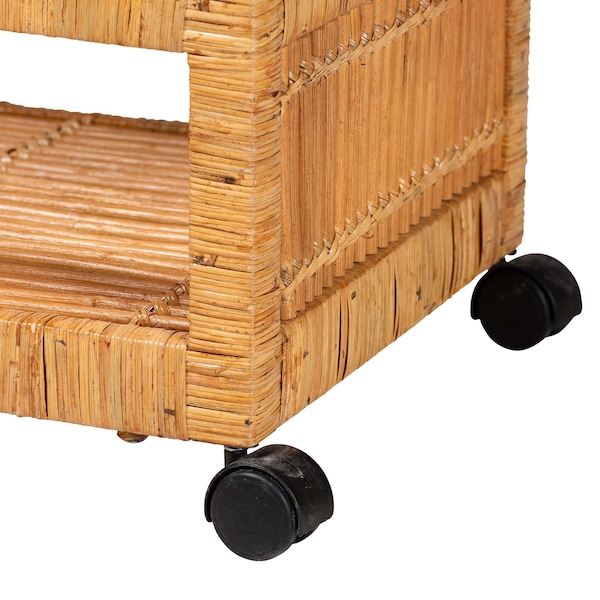 Bali & Pari Genet Modern Bohemian Natural Brown Rattan and Teak Wood 2-Tier Kitchen Cart - 241-13430-ZORO