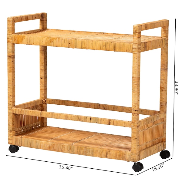 Bali & Pari Genet Modern Bohemian Natural Brown Rattan and Teak Wood 2-Tier Kitchen Cart - 241-13430-ZORO