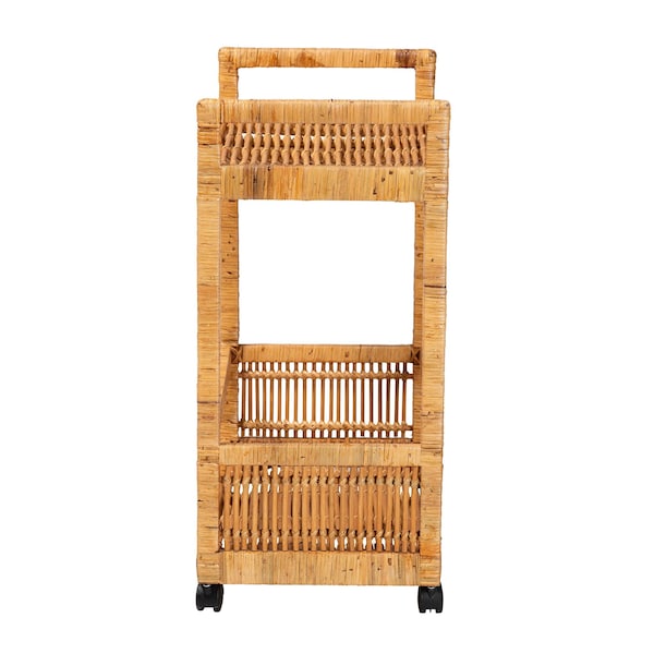 Bali & Pari Genet Modern Bohemian Natural Brown Rattan and Teak Wood 2-Tier Kitchen Cart - 241-13430-ZORO