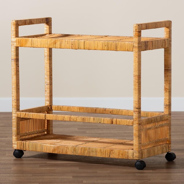 Bali & Pari Genet Modern Bohemian Natural Brown Rattan and Teak Wood 2-Tier Kitchen Cart - 241-13430-ZORO