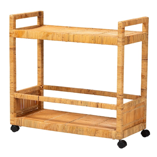Bali & Pari Genet Modern Bohemian Natural Brown Rattan and Teak Wood 2-Tier Kitchen Cart - 241-13430-ZORO