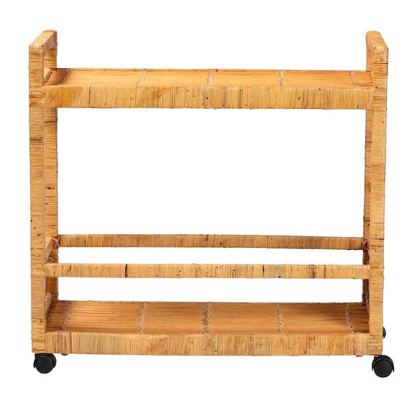 Bali & Pari Genet Modern Bohemian Natural Brown Rattan and Teak Wood 2-Tier Kitchen Cart - 241-13430-ZORO
