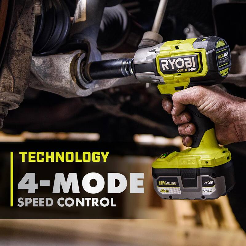 RYOBI ONE+ HP 18V Llave de Impacto Inalámbrica sin escobillas de 4 modos de 1/2 pulg. con batería de alto rendimiento de 4.0 Ah de iones de litio - P262-PBP004