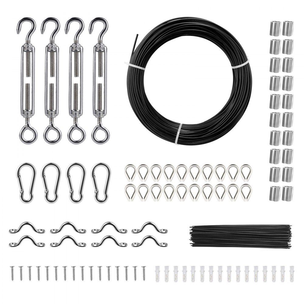 VEVOR Vinyl Coated Wire Rope Kit, 3/32 Cable Through 1/16 Diameter Stainless Steel, 7x7 Strands Construction with 189 Accessories for String Lights, Clothesline, Vine, 164 ft Black - GSSPS164FT778GTWZV0