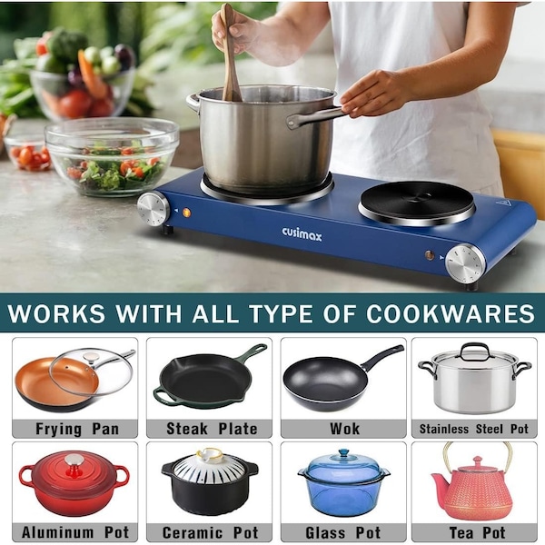 Cusimax Double Hot Plate, 1800W Portable Electric Burner For Cooking, Cast Iron Electric Stove, Blue - CMHP-B201L