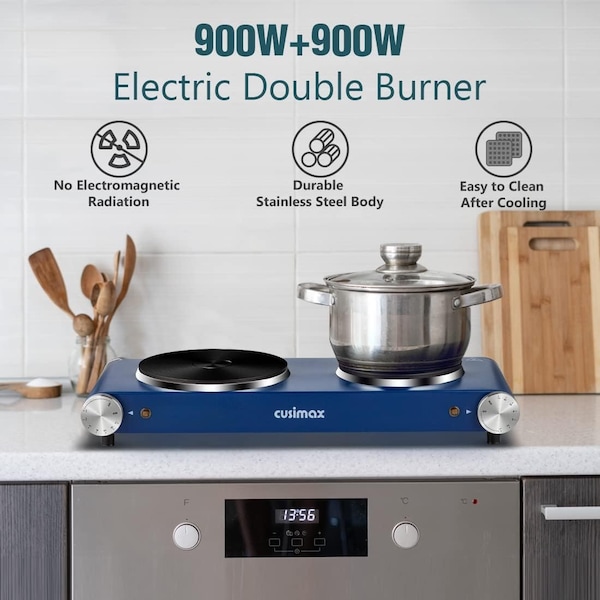 Cusimax Double Hot Plate, 1800W Portable Electric Burner For Cooking, Cast Iron Electric Stove, Blue - CMHP-B201L