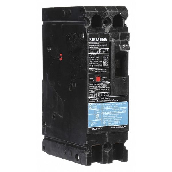 Siemens Molded Case Circuit Breaker, ED4 Series, 30A, 2 Pole, 480V AC, 18kA at 480V AC - ED42B030