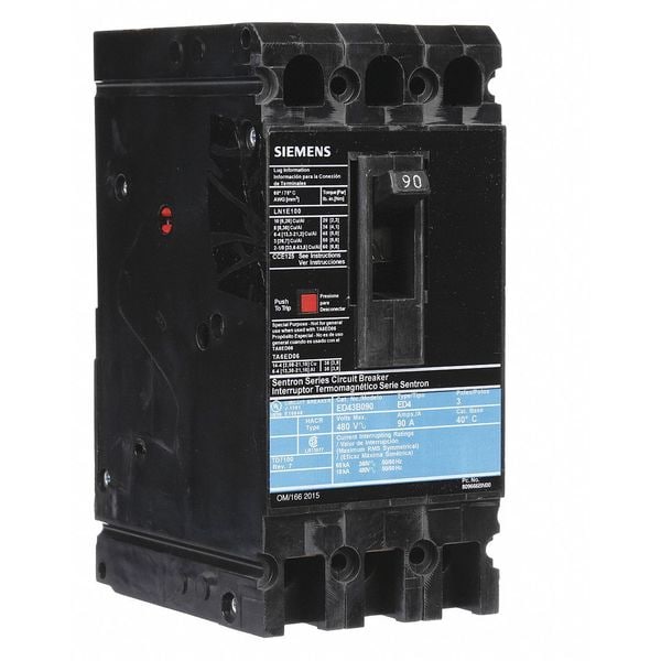 Siemens Molded Case Circuit Breaker, ED4 Series, 90A, 3 Pole, 480V AC, 18kA at 480V AC - ED43B090