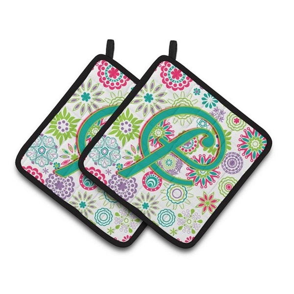 Carolines Treasures Letter F Flowers Pink Teal Green Initial Pair of Pot Holders, 7.5 x 3 x 7.5 in. - CJ2011-FPTHD