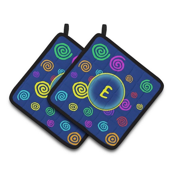Carolines Treasures Letter E Initial Monogram - Blue Swirls Pair of Pot Holders, 7.5 x 3 x 7.5 in. - CJ1011-EPTHD