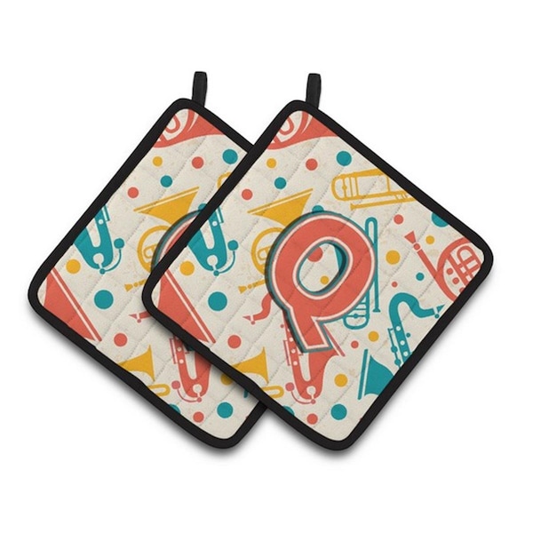 Carolines Treasures Letter Q Retro Teal Orange Musical Instruments Initial Pair of Pot Holders, 7.5 x 3 x 7.5 in. - CJ2001-QPTHD