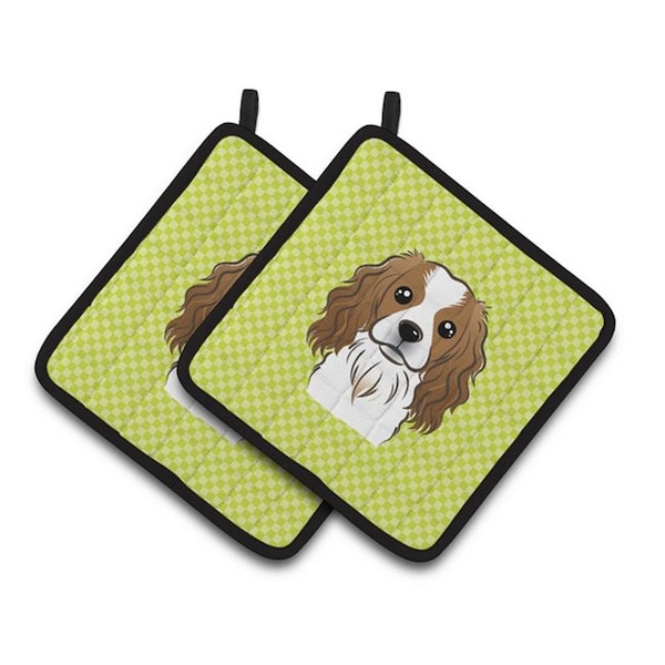 Carolines Treasures Checkerboard Lime Green Cavalier Spaniel Pair of Pot Holders, 7.5 x 3 x 7.5 in. - BB1286PTHD
