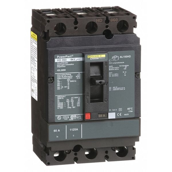 Square D Molded Case Circuit Breaker, HDL Series, 60A, 3 Pole, 600V AC, 25kA at 240V AC - HDL36060