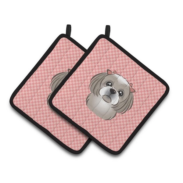 Carolines Treasures Checkerboard Pink Gray Silver Shih Tzu Pair of Pot Holders, 7.5 x 3 x 7.5 in. - BB1250PTHD