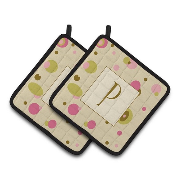 Carolines Treasures Letter P Initial Monogram - Tan Dots Pair of Pot Holders, 7.5 x 3 x 7.5 in. - CJ1004-PPTHD