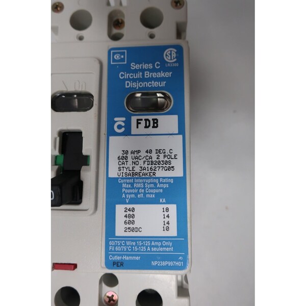 Eaton Cutler-Hammer Molded Case Circuit Breaker, FD Series, 30A, 3 Pole, 600V AC - FDB2030S