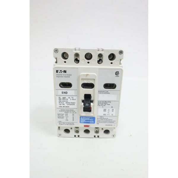 Eaton Molded Case Circuit Breaker, EHD Series, 3 Pole, 480V AC - EHD3020LS