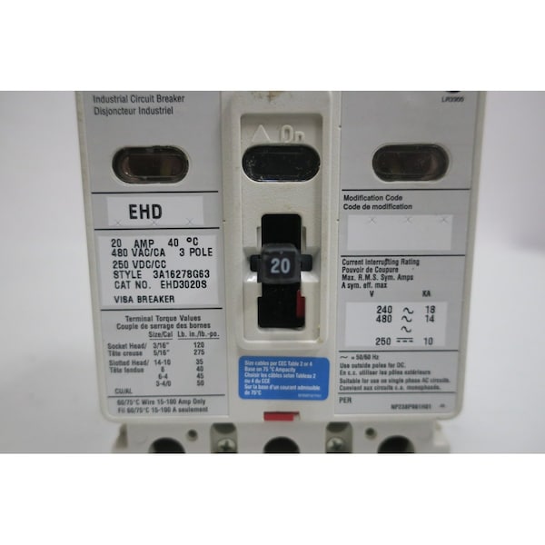 Eaton Molded Case Circuit Breaker, EHD Series, 3 Pole, 480V AC - EHD3020LS