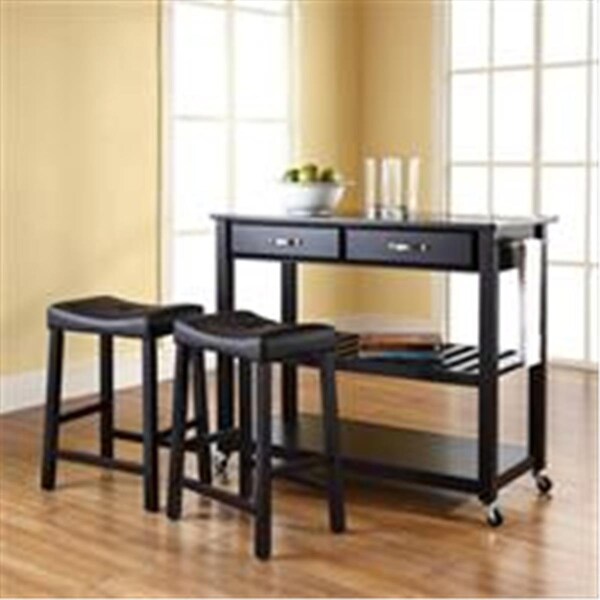 Betterbeds Solid Black Granite Top Kitchen Cart-Island in Black Fnsh w/24 in. Black Upholstered Saddle Stools - BE375419