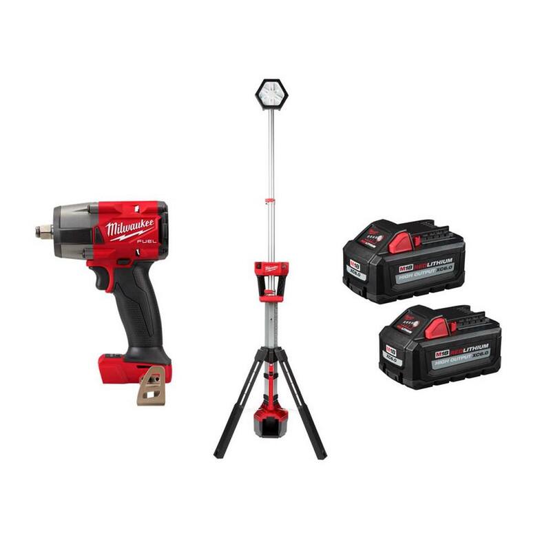 Llave de impacto inalámbrica Milwaukee M18 FUEL Gen-2 de 18V con motor sin escobillas y torque medio de 1/2 pulgadas, y torre de luz con baterías de 6.0Ah (2) - 2962-20-2131-20-48-11-1862.