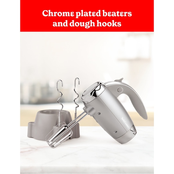 Betty Crocker Hand Blender 7 Speed, 250 Watt Electric Mixer with Beaters and Dough Hooks, Silver - BC-4208S