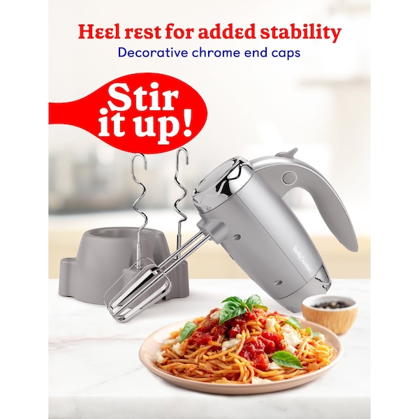 Betty Crocker Hand Blender 7 Speed, 250 Watt Electric Mixer with Beaters and Dough Hooks, Silver - BC-4208S