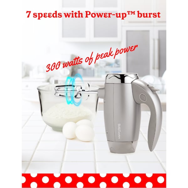 Betty Crocker Hand Blender 7 Speed, 250 Watt Electric Mixer with Beaters and Dough Hooks, Silver - BC-4208S